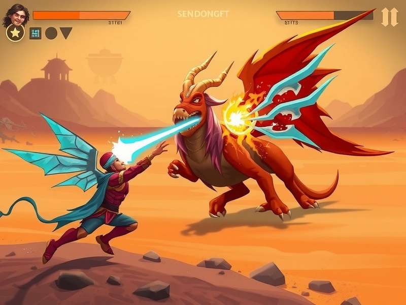 Rajasthan Monster Tamer gameplay screenshot showing a player taming a mythical creature in a desert landscape